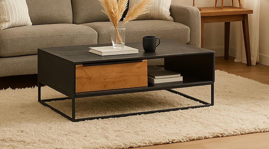 Table basse manguier noir avec tiroir Table basse industrielle Toulon – Image 1