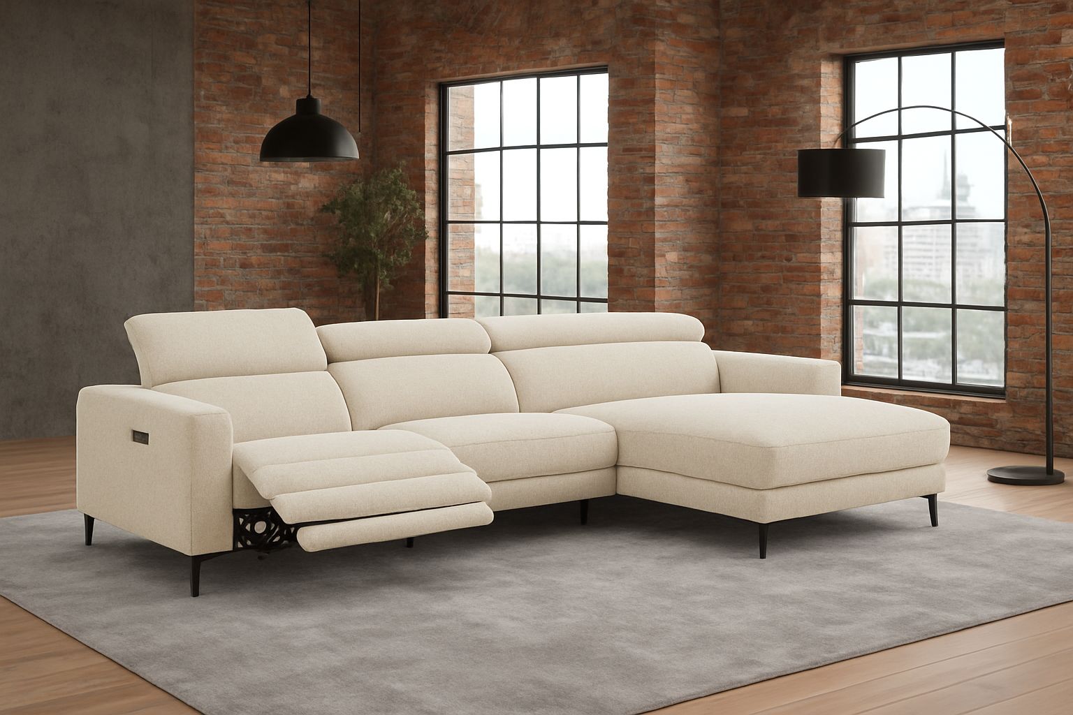 salon avec chaise longue bouclette beige Salon Orton – Image 1